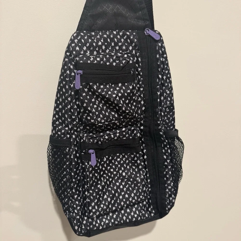 Thirty-One Sling Back Backpack Bag Purse Lil Scribble Black & White & Purple